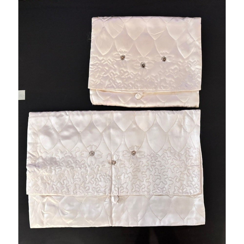 Vintage Ivory Quilted‎ Embroidered Satin Lingerie Travel Bag
